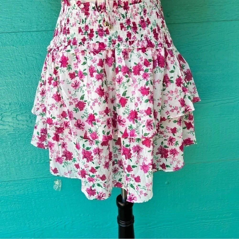 PINK Floral Smocked Waist Tie Front Tiered Ruffle Hem Cutout Dress Medium NWT